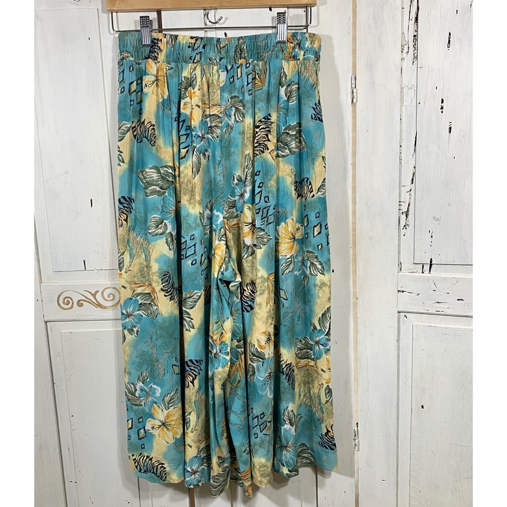 Koret Vintage Tropical Palazzo Pants Wide Leg Culottes Turquoise Size 12 Flowy - Picture 3 of 7